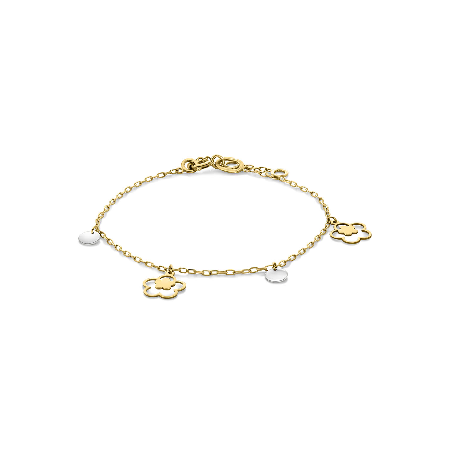 Geelgouden bedelarmband bloem en disks met witgouden details B137-60337-Z-YW