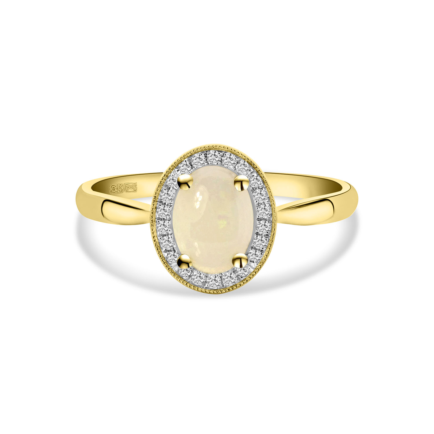 Geelgouden ring met ovaalvormige opaal cmp en diamanten entourage R092-57117R006-OP-Y